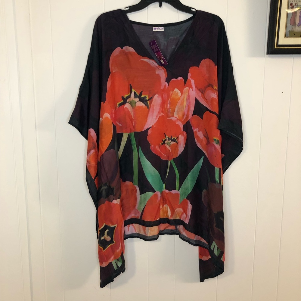 Floral Tulip Print V-Neck Kaftan - Black & Red